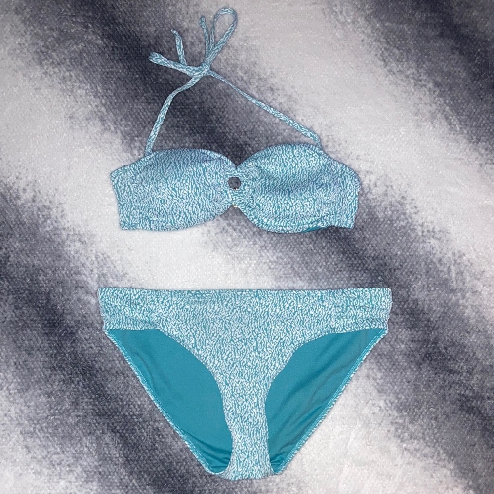 Time and Tru 2 Piece Bikini Bathing Suit Turquoise and White L 12-14